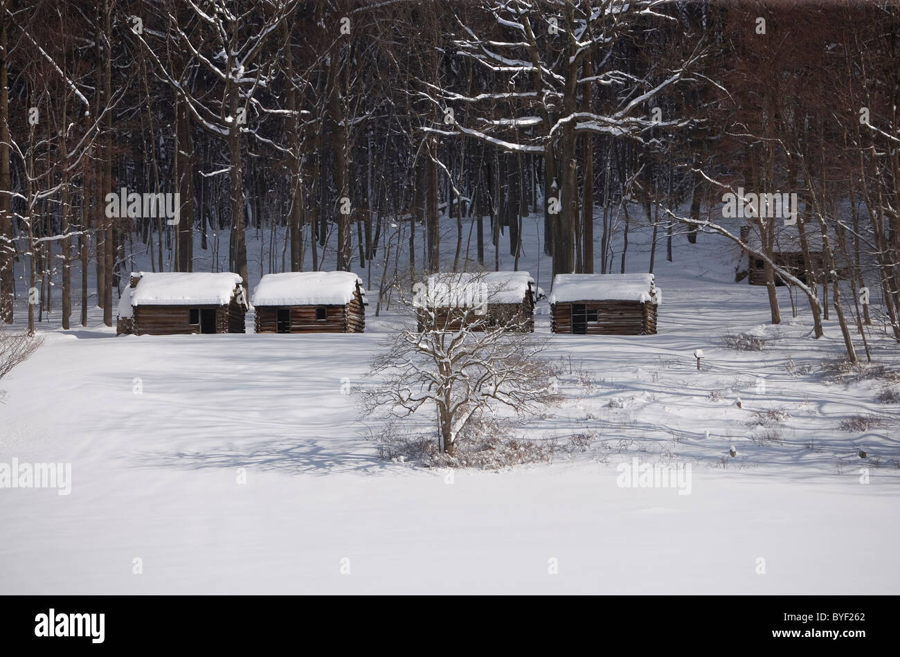 Revolutionary War Soldier Huts in winter at Jockey Hollow National Historic Park, Morristown, NJ Stock Photo