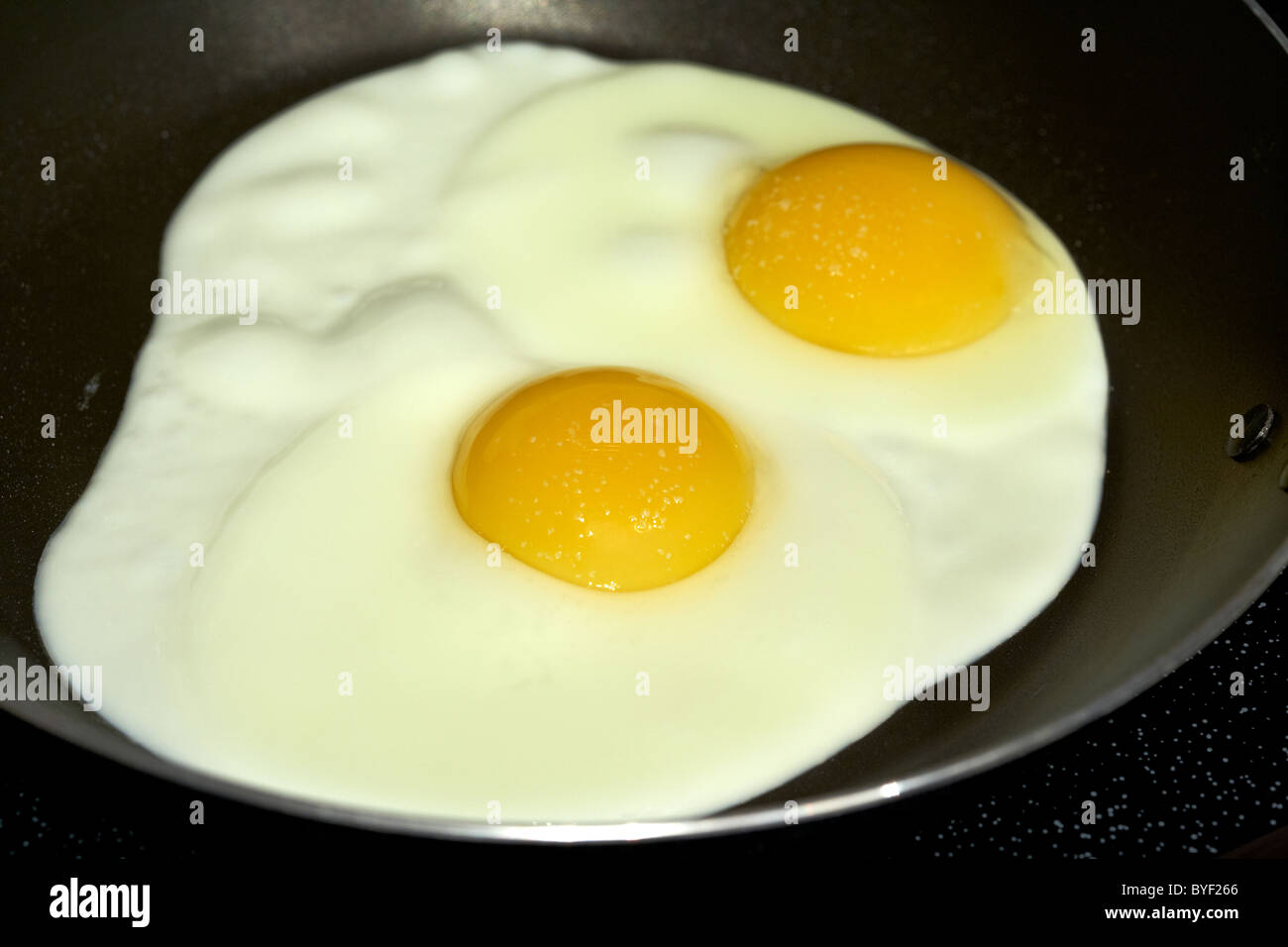 two eggs frying in a fry pan Stock Photo