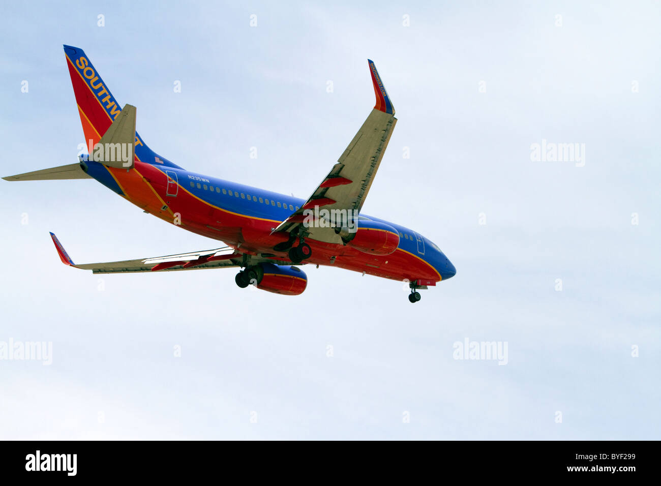 Southwest airlines Boeing 737 aircraft on final approach to the Boise Airport, Idaho, USA. Stock Photo