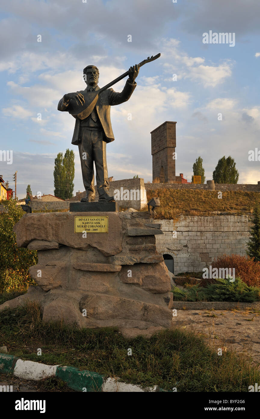 Statue of Kars' wandering minstrel Murat Çobanoglu, Street scene, Kars, Turkey 100928 37723 Stock Photo
