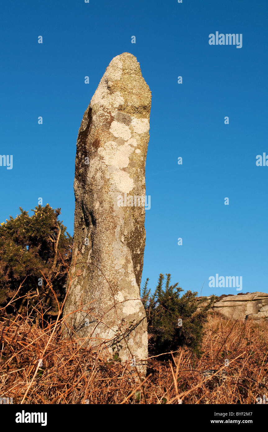 a cornish ' menhir '  ancient standing stone on Carn Brea near Redruth in Cornwall, UK Stock Photo