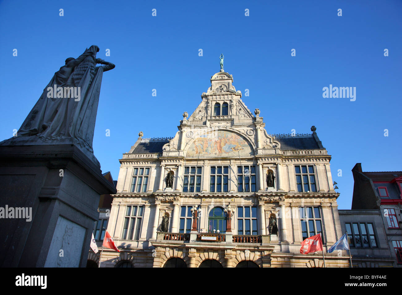 Facade, mosaic of an old theater at Sint-Baafsplein, square. Ghent, East-Flanders, Belgium, Europe Stock Photo