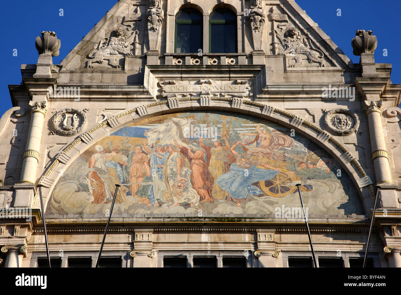 Facade, mosaic of an old theater at Sint-Baafsplein, square. Ghent, East-Flanders, Belgium, Europe Stock Photo