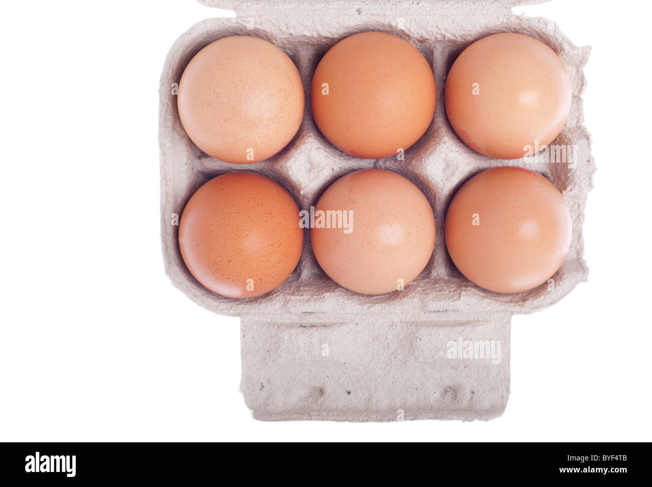 detail of six eggs in a carton box isolated on white background Stock Photo