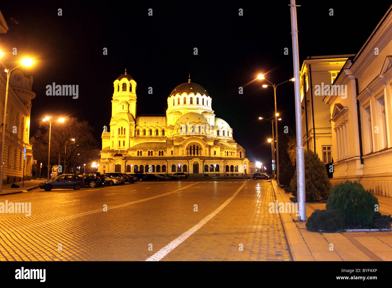 Night picture of central square of Sofia. The town is a capital of Bulgaria. There is situated main cathedral. Stock Photo