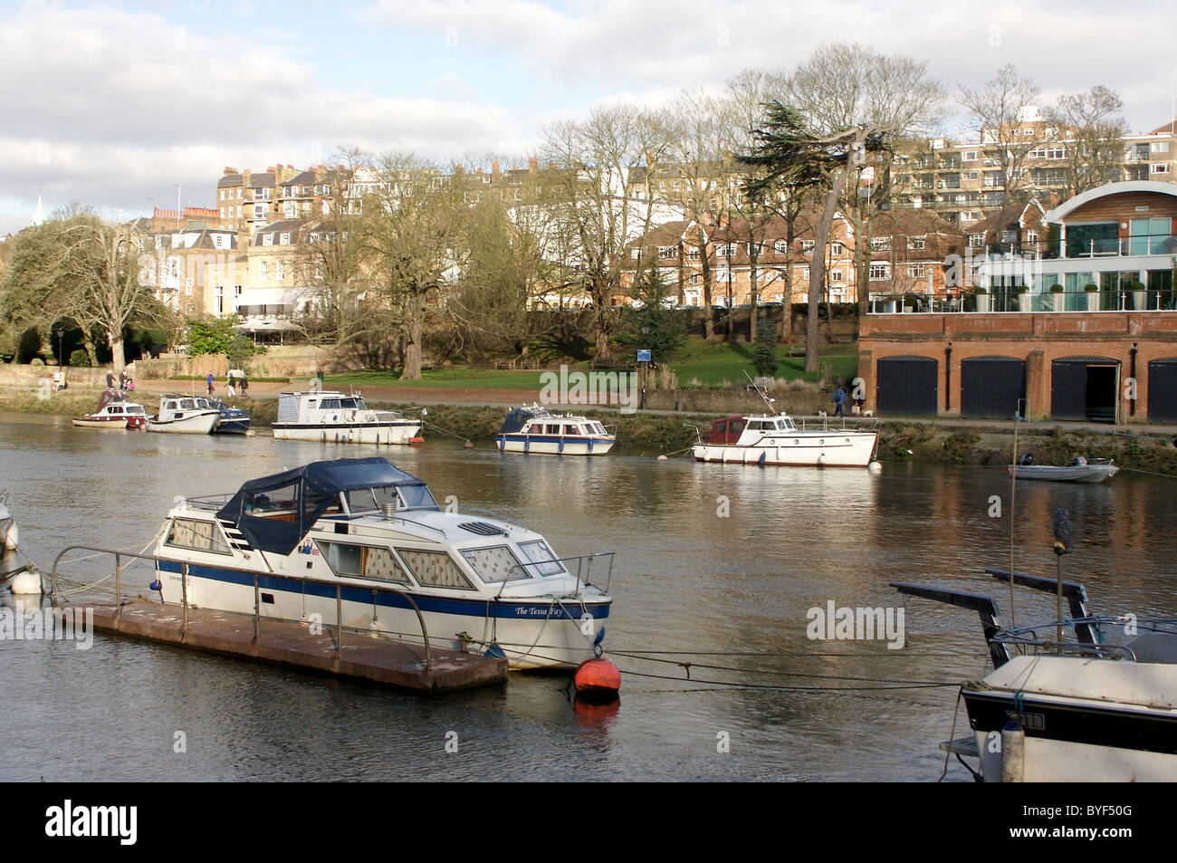 Boats moored on the river Thames near Richmond Upon Thames Stock Photo