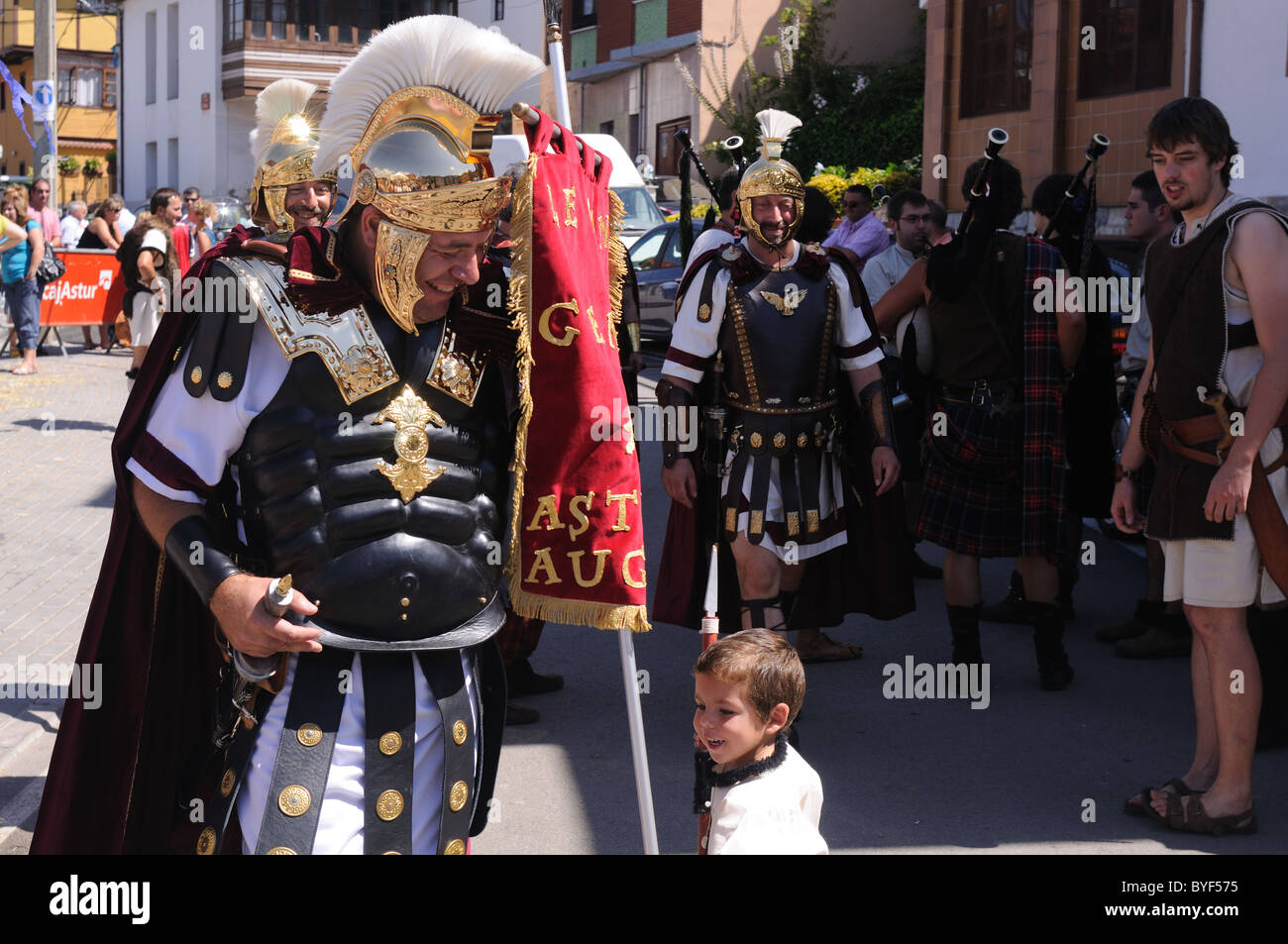 Roman Legionary talking to child  ' Astur-Roman Festival of  La Carisa '  CARABANZO  Asturias SPAIN. Stock Photo