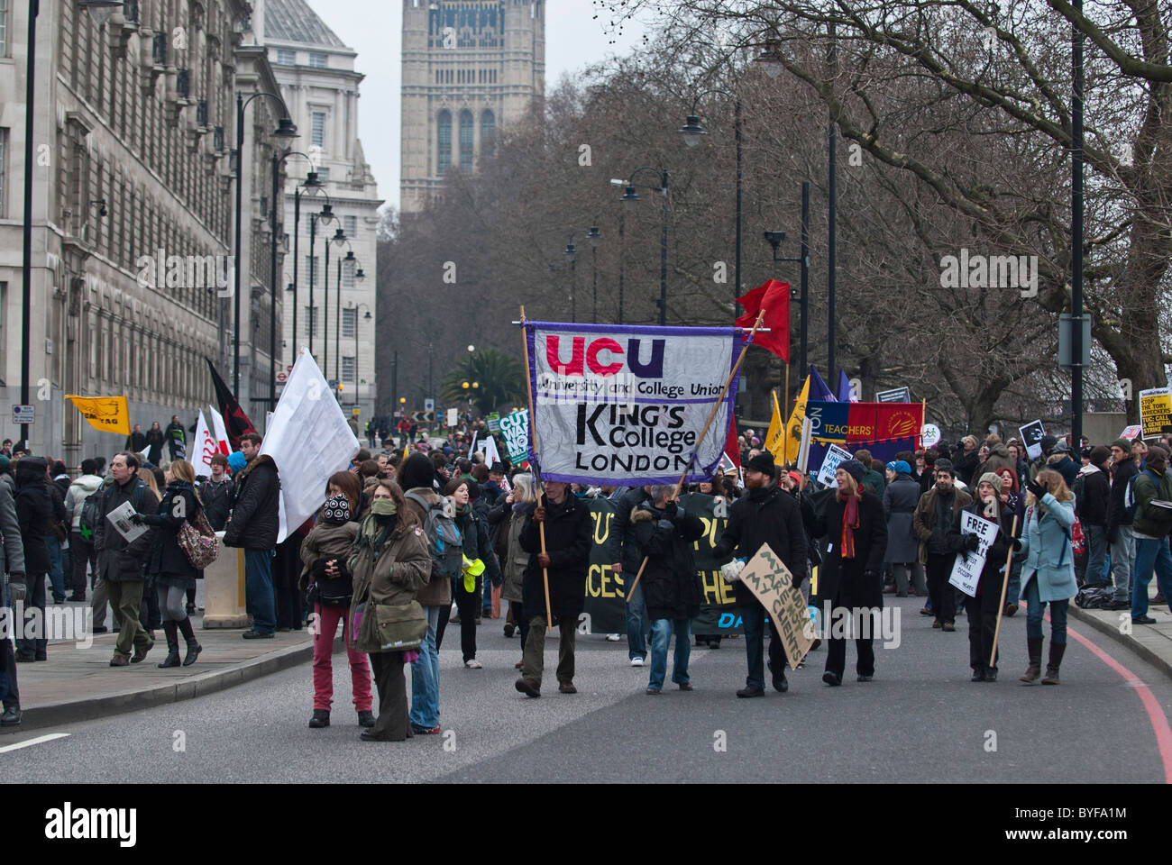 Kings College London University banner at Education cuts march, against University fees Millbank Westminster London UK 29/1/11 Stock Photo