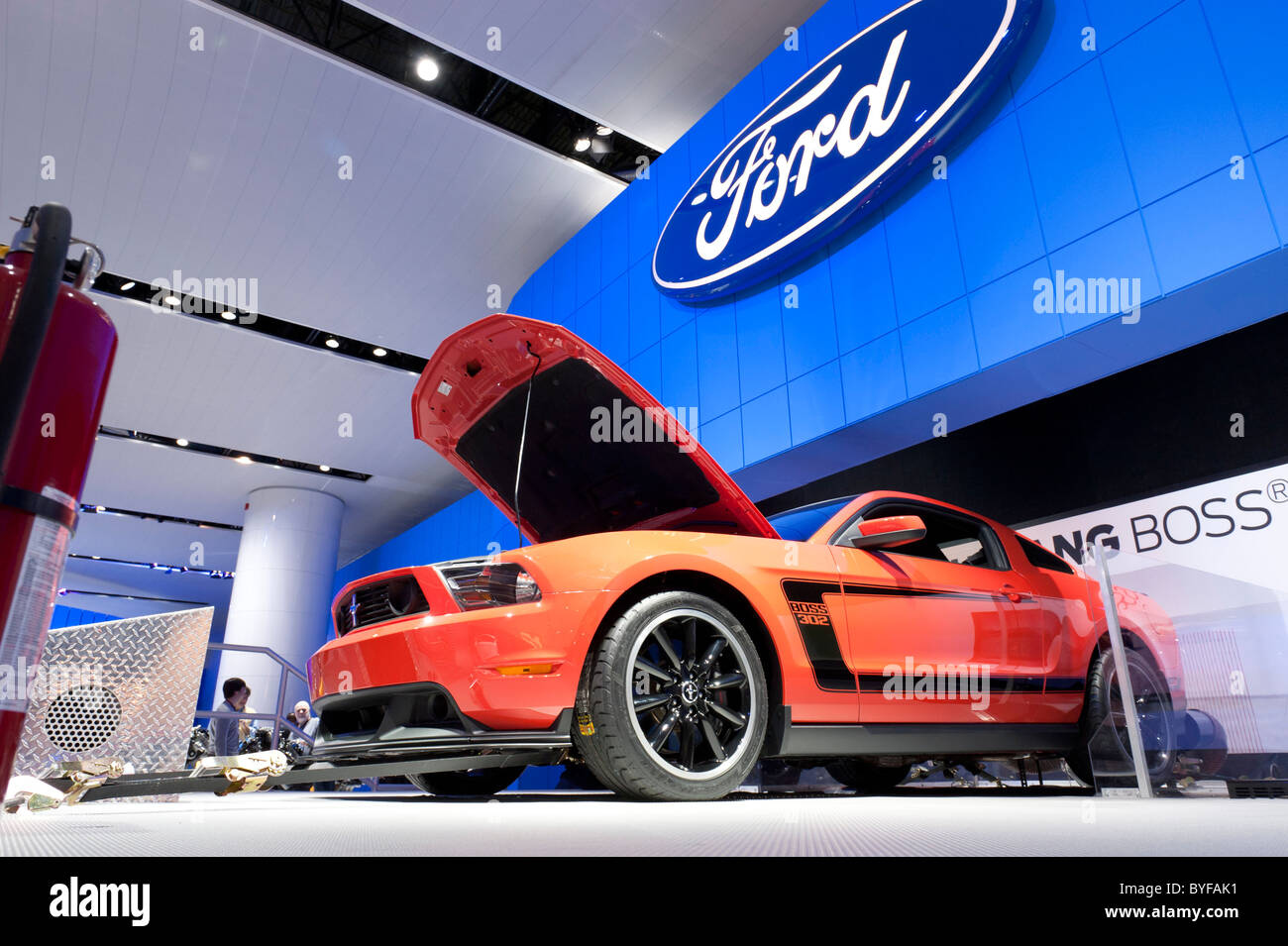 Ford Mustang Boss 302 on a dynamometer display at the 2011 North American International Auto Show in Detroit Stock Photo