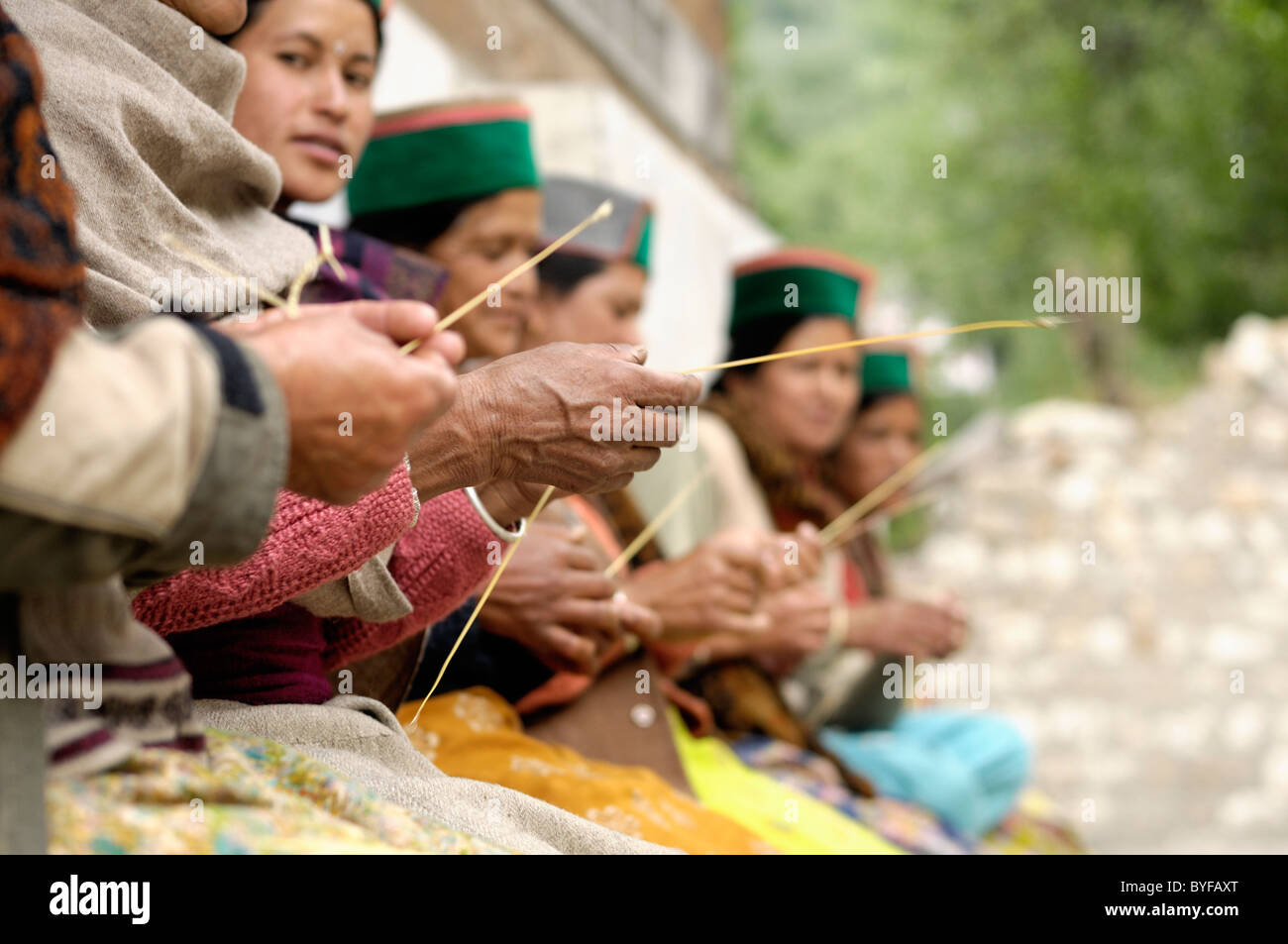 Women knitting in Spiti Valley, India. Stock Photo