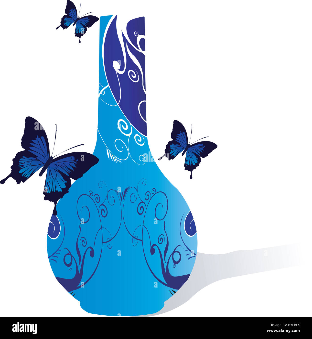 Illustration of a decorated flower vase with butterflies flying. Stock Photo