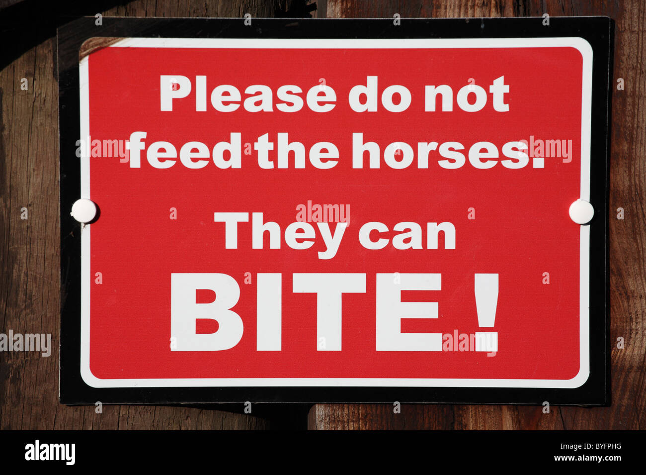 Sign saying Please do not feed the horses. They can Bite. Seen in