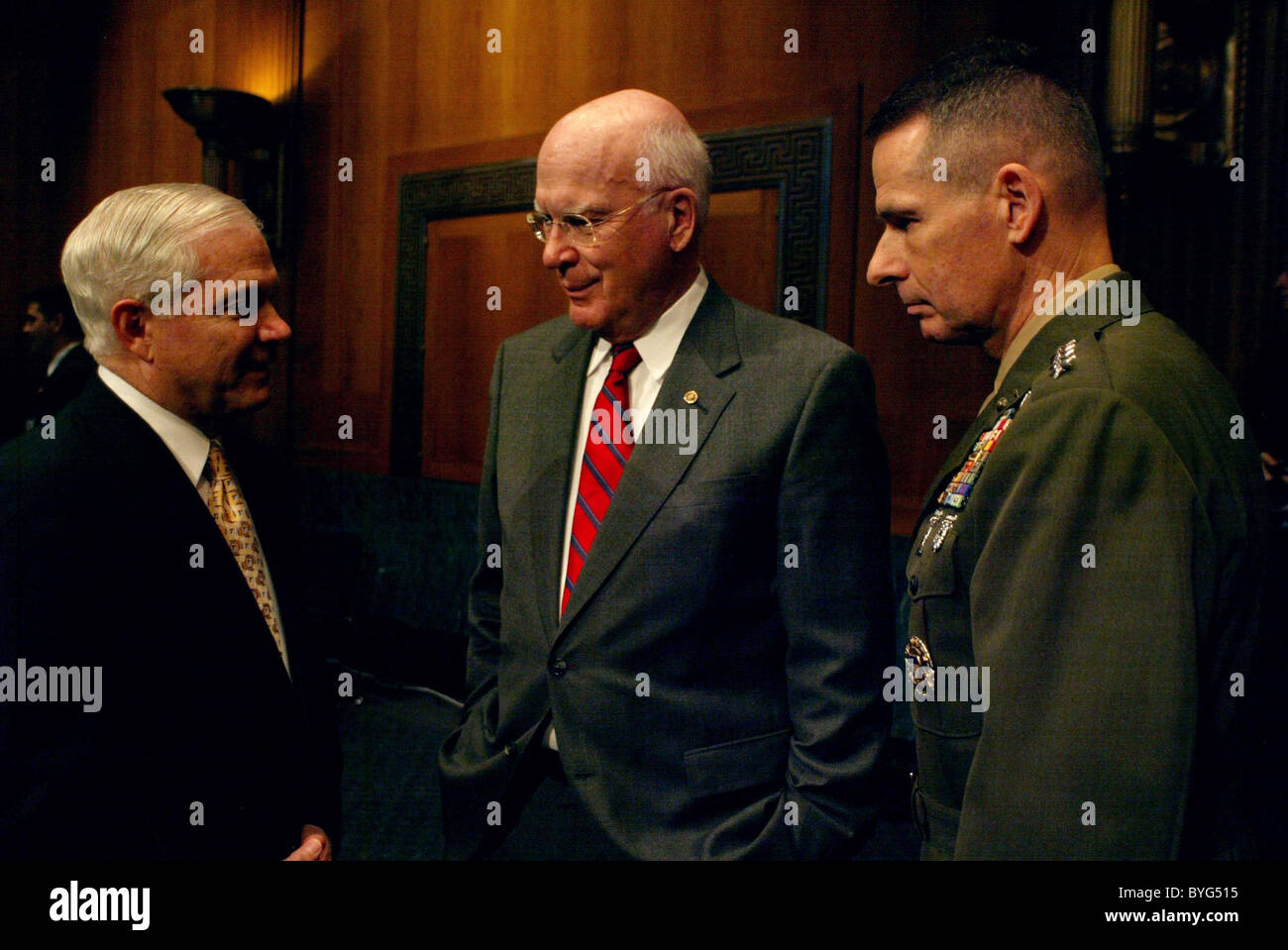 US Defense Secretary Robert M. Gates, Vermont Senator Patick Leahy and General Peter Pace The Appropriations Committee met on Stock Photo