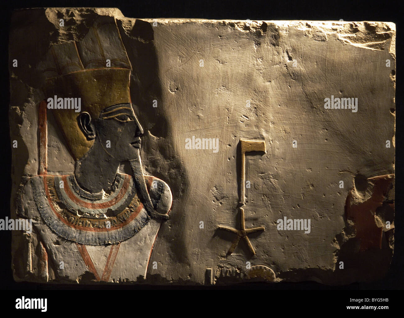 Egyptian Art. Polychrome relief depicting god Amun-Min as pharaoh. From Thutmose III temple in Deir el-Bahari. Stock Photo