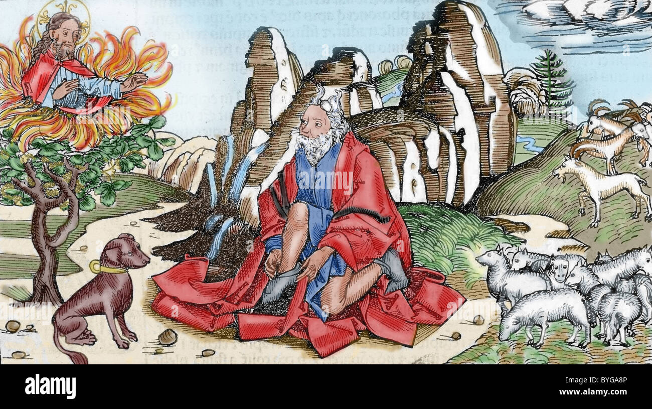 Moses and the burning bush. 16th century engraving. Colored. Stock Photo