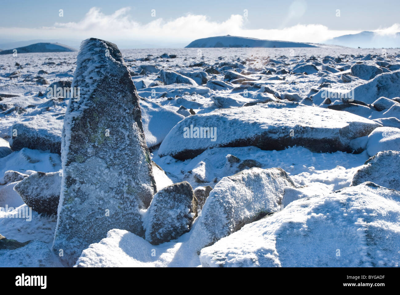 Ice covered rocks on the summit of Nethermost Pike, Helvellyn range, Lake District, Cumbria Stock Photo