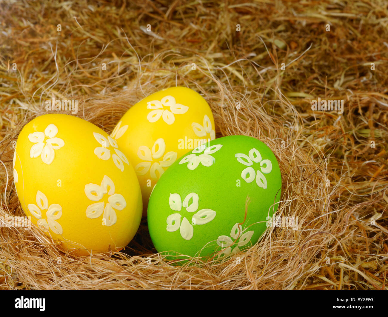 Easter eggs in the nest over hay background Stock Photo