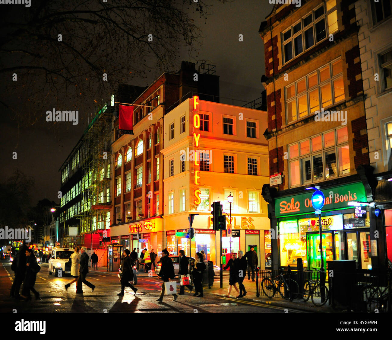 People Charring Cross Road at night Stock Photo