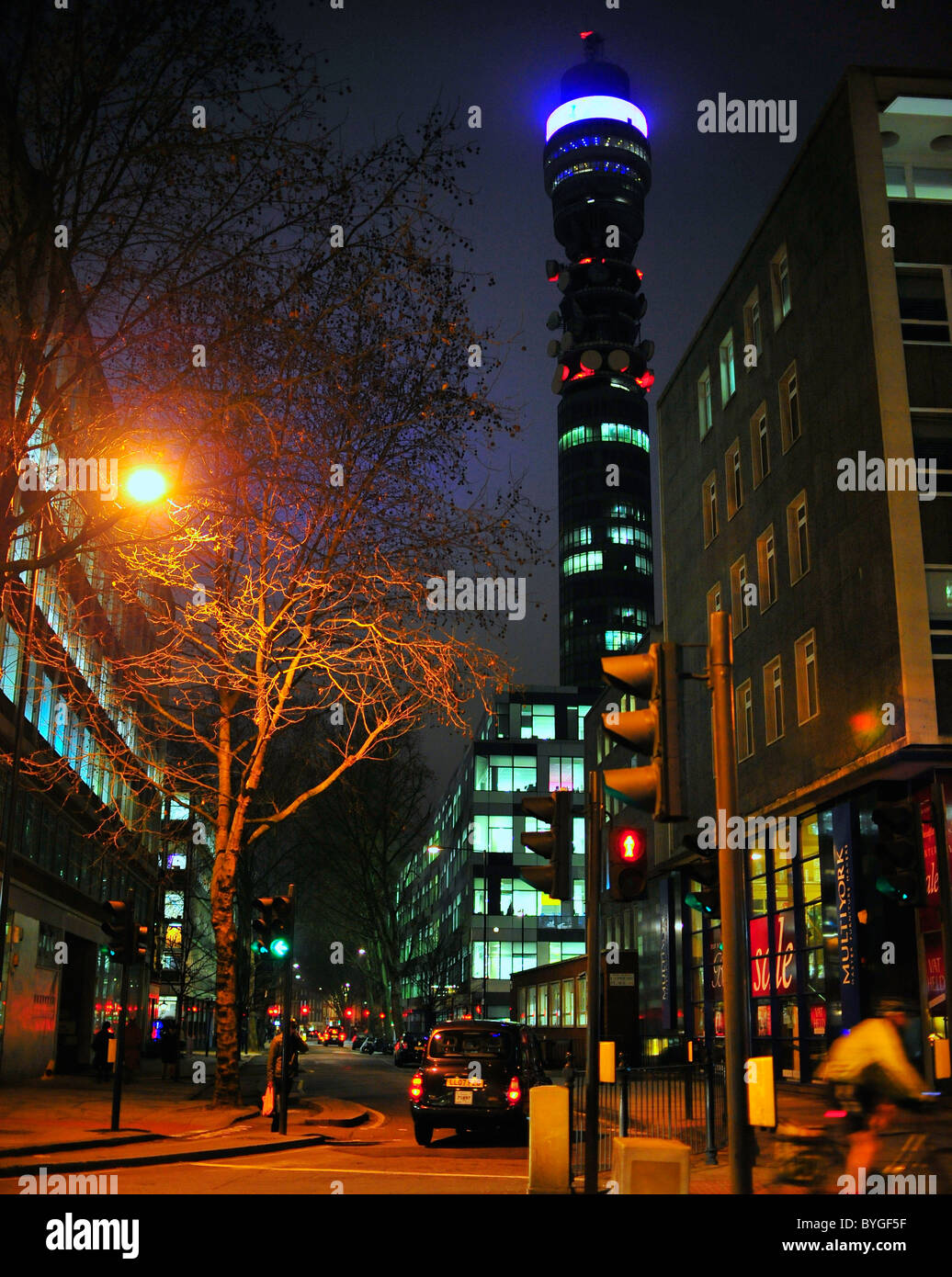 Streetscape at night with BT tower Post Office Tower, London Stock Photo