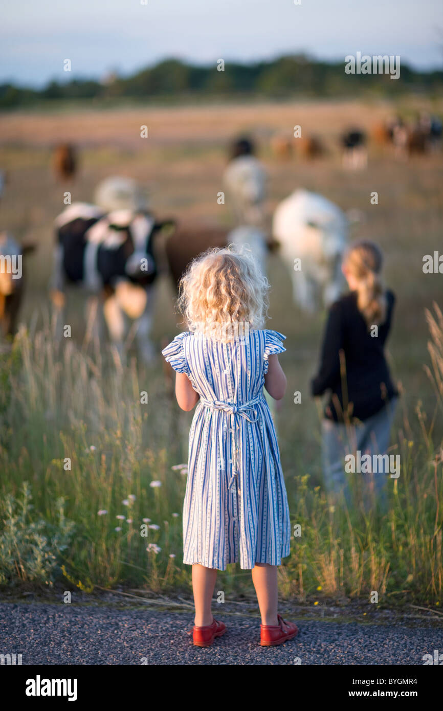 Two girls looking at cows on pasture Stock Photo - Alamy