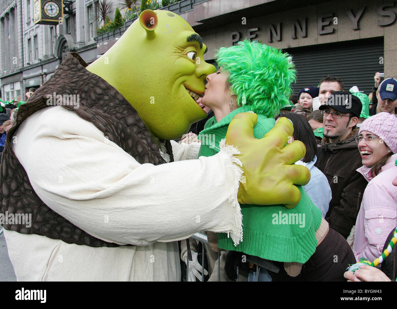 Shrek with Lindsay Cusack greeting fans on St Patrick's Day Dublin