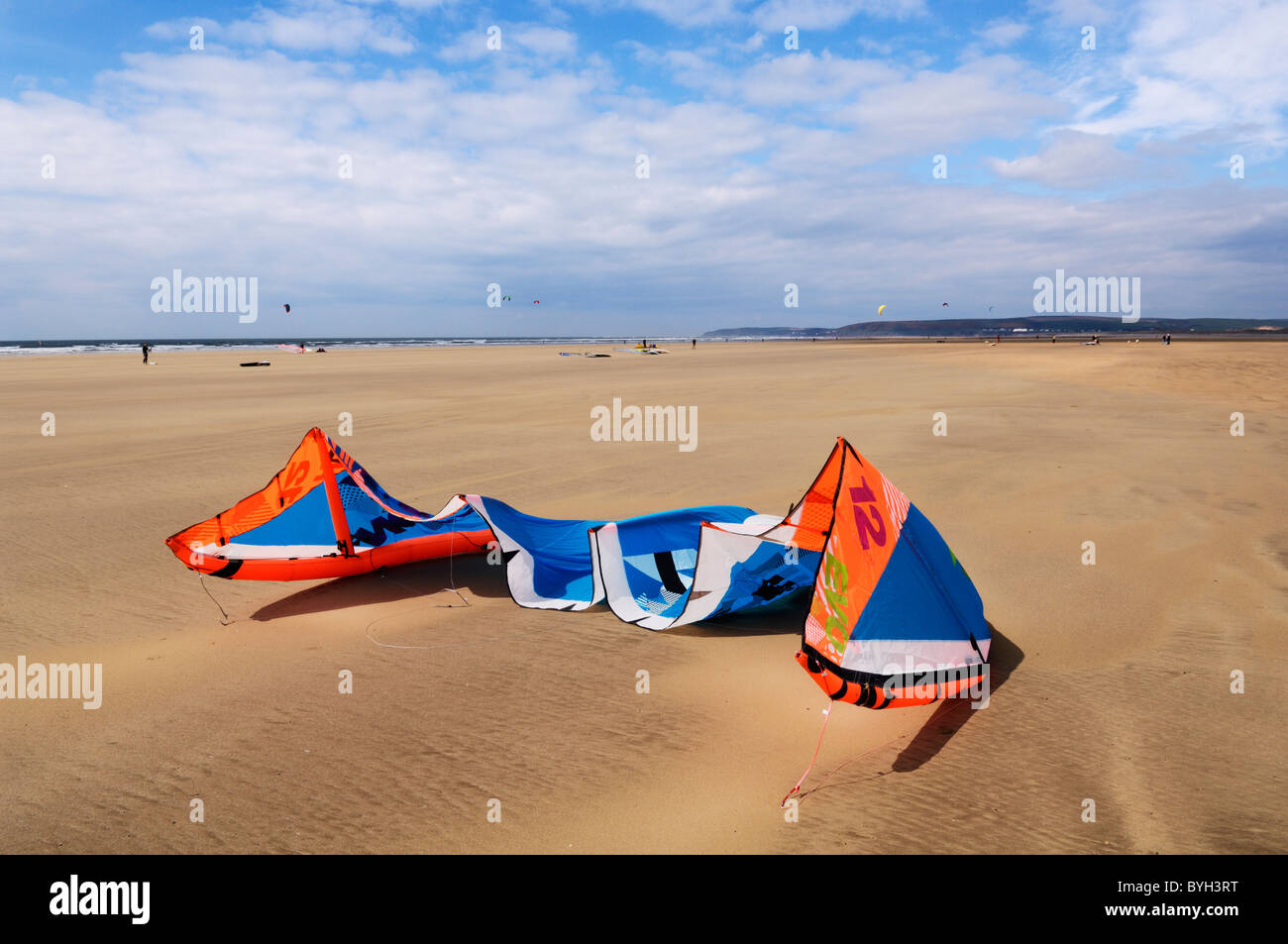 The kite of a kiteboard on the beach at Westward Ho!, Devon, England. Stock Photo