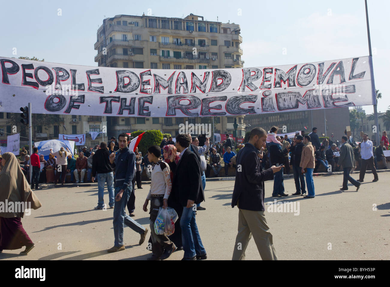 sign in Tahrir Square, Cairo, Egypt saying People demand removal of the regime Stock Photo
