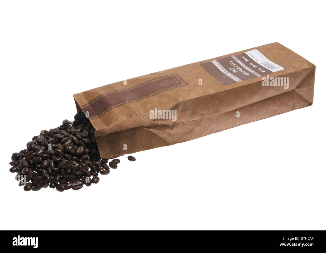 Open bag of coffee beans on white background Stock Photo Alamy