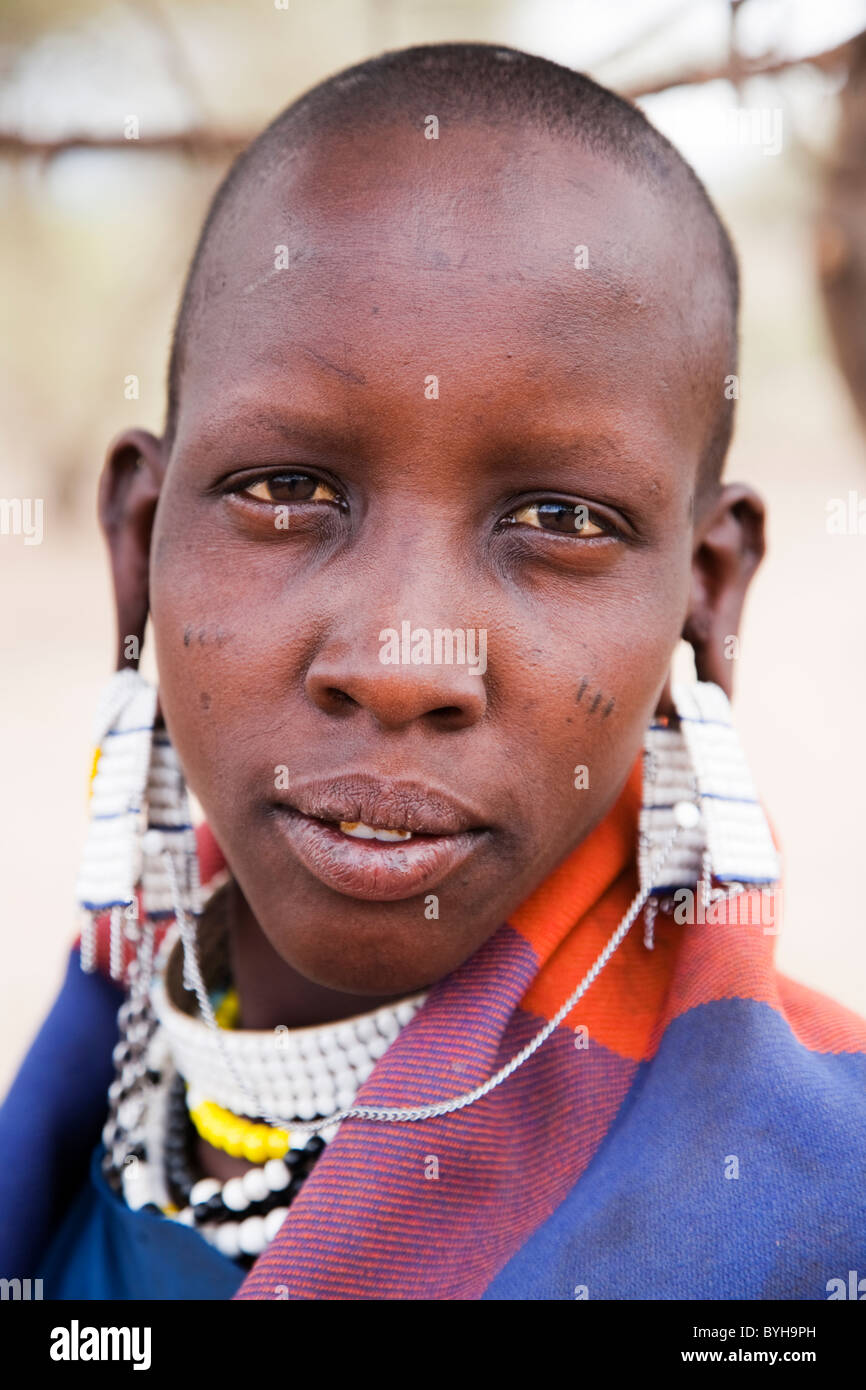 Portrait of a Masai woman from a Masai village near Ngorongoro, Tanzania, Africa Stock Photo