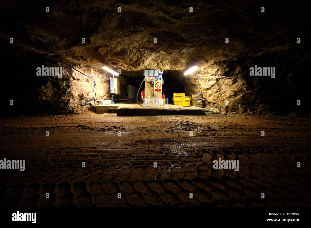 Filling station Inside a Gypsum mine Stock Photo