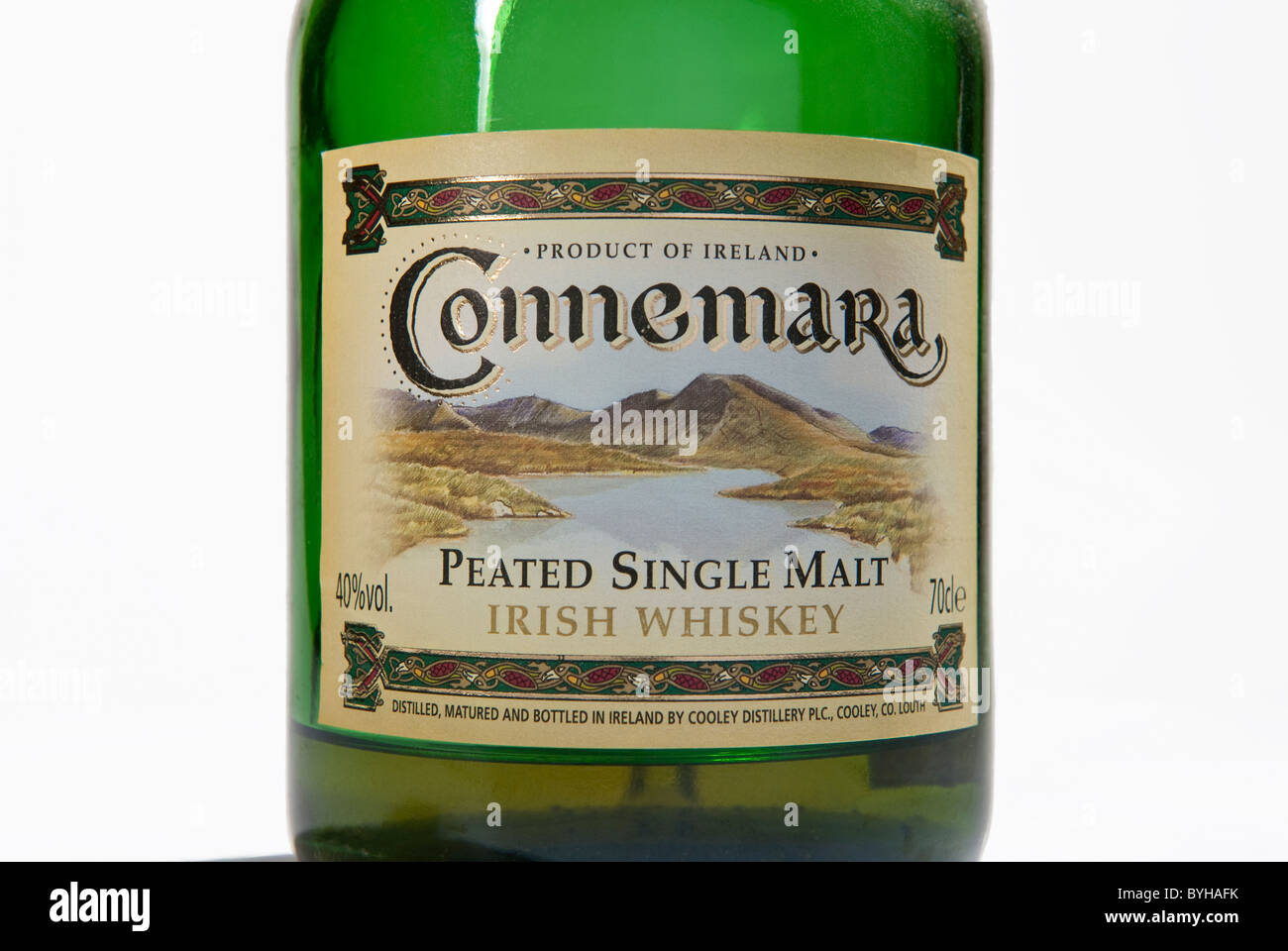 The label on a bottle of Connemara single malt scotch whisky made on the Cooley peninsula, County Louth Ireland Stock Photo