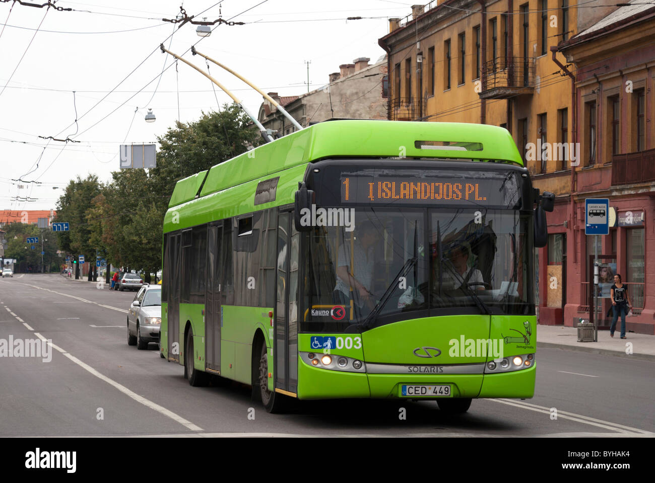 Green trolleybus in the streets of Kaunas, Lithuania Stock Photo