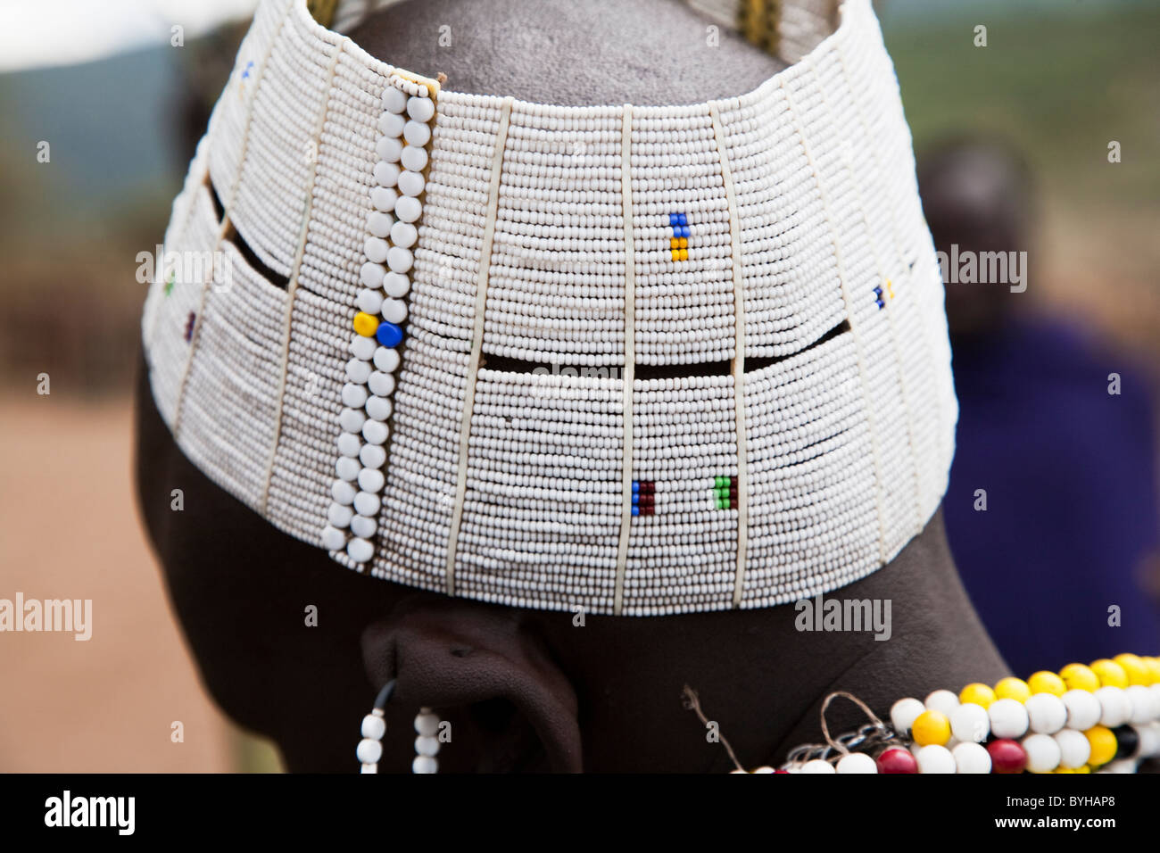 Masai man wearing a hat made of small beads, northern Tanzania, Africa Stock Photo