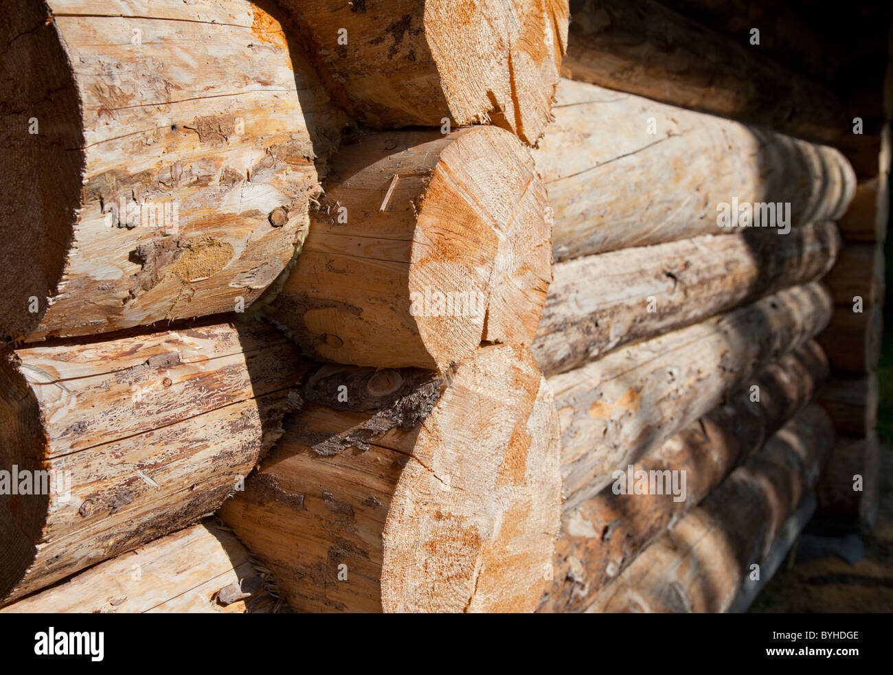 Joints between the logs in log cabin wall , Finland Stock Photo Alamy