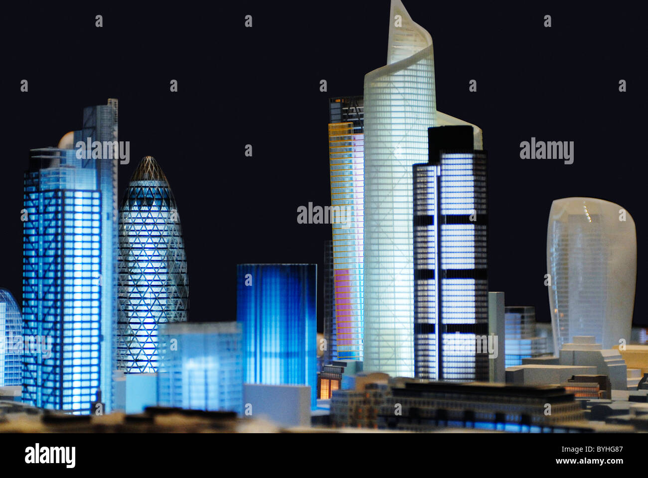 Model of London skyline with 30 St Mary Axe, Bishopsgate Tower, Tower 42  Heron Tower, Leadenhall Tower and 20 Fenchurch Street. Stock Photo