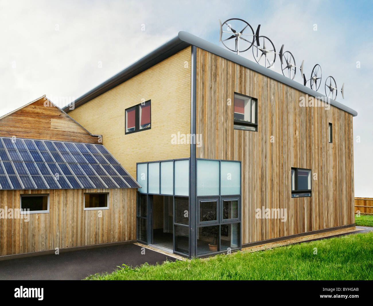 Eco-friendly building in eco-town UK (digital composite) Stock Photo