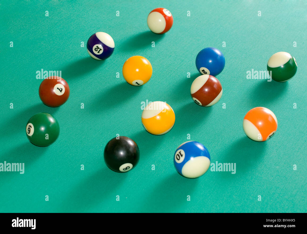 Billiard balls on a green billiard table Stock Photo Alamy