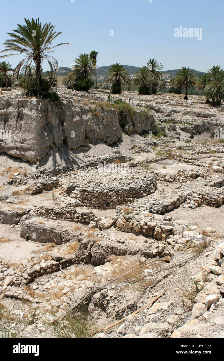 These excavated ruins are what is left of the ancient city of Megiddo which is located by the Valley of Jezreel. Stock Photo