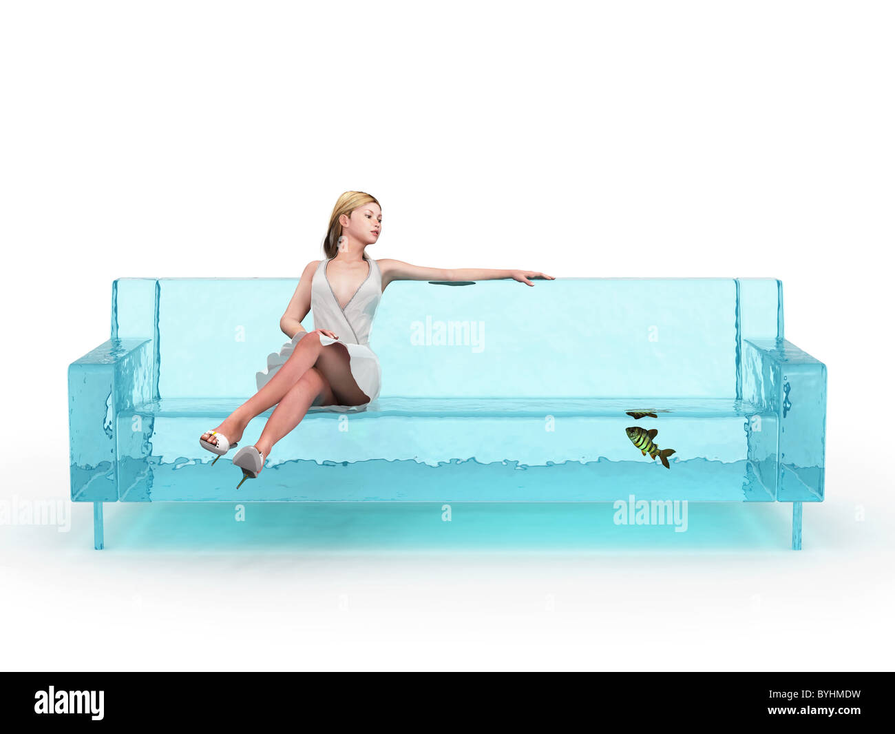 woman sitting on blue water couch Stock Photo
