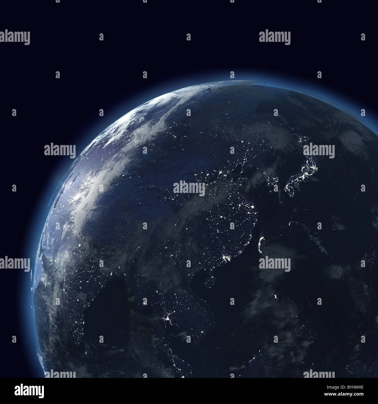 night globe with city lights, detailed map of asia east, japan, china, india, indonesia Stock Photo