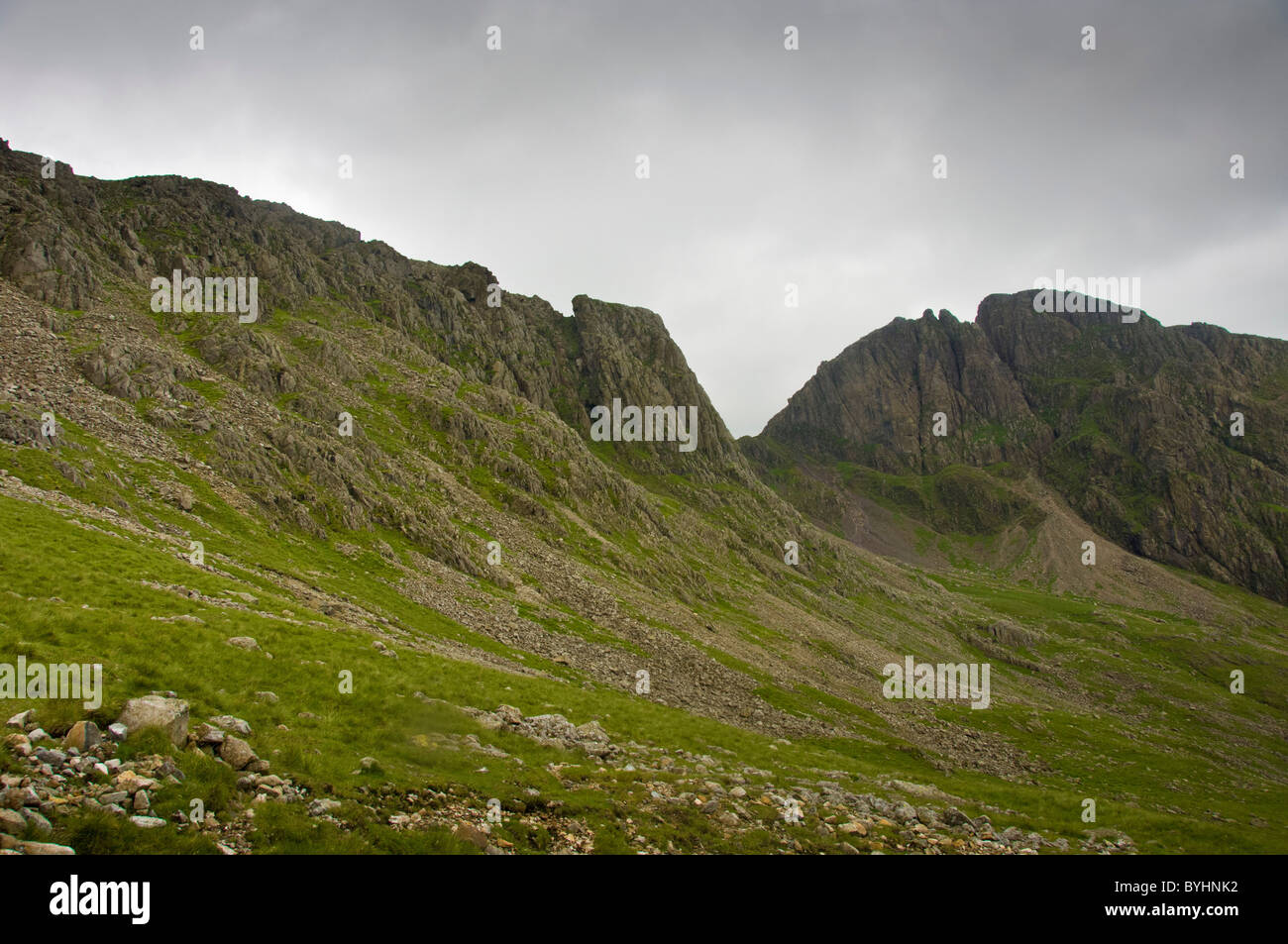 Scafell Pike, highest mountain in England on the left side of the picture with Scafell on the right. Cumbria. Stock Photo