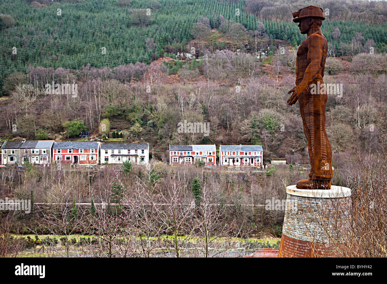 Guardian memorial statue for the 45 men who died in Six Bells colliery in 1960 Blaenau Gwent Wales UK Stock Photo