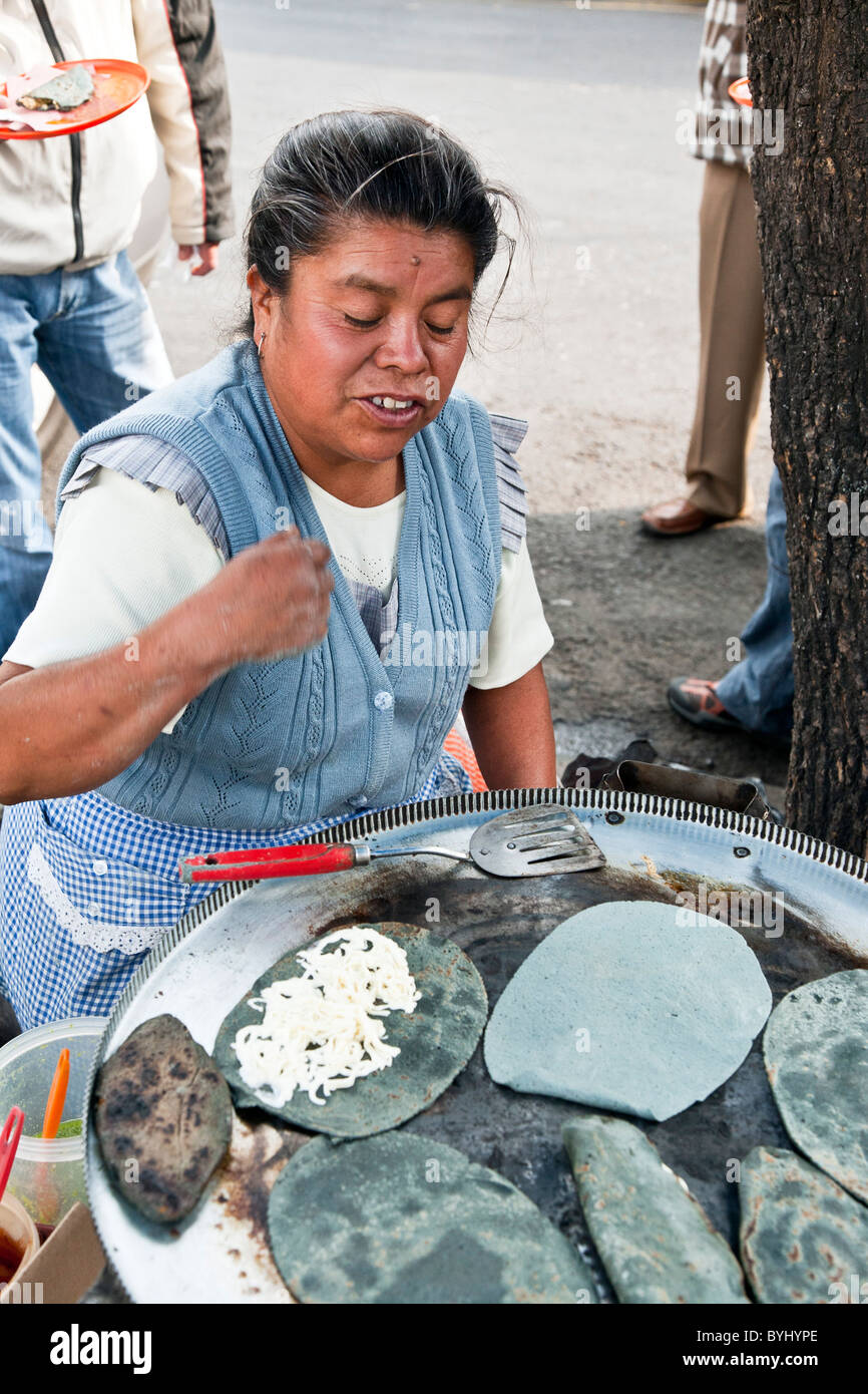 genial Mexican cook in spotless blue gingham apron working over her brazier of blue corn tacos on sidewalk  of Roma District Stock Photo