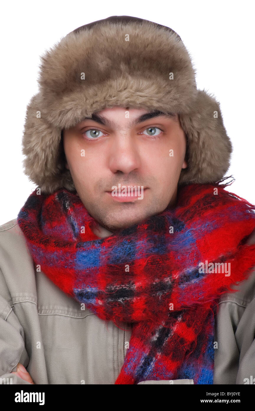 people on white - man in a fur hat Stock Photo