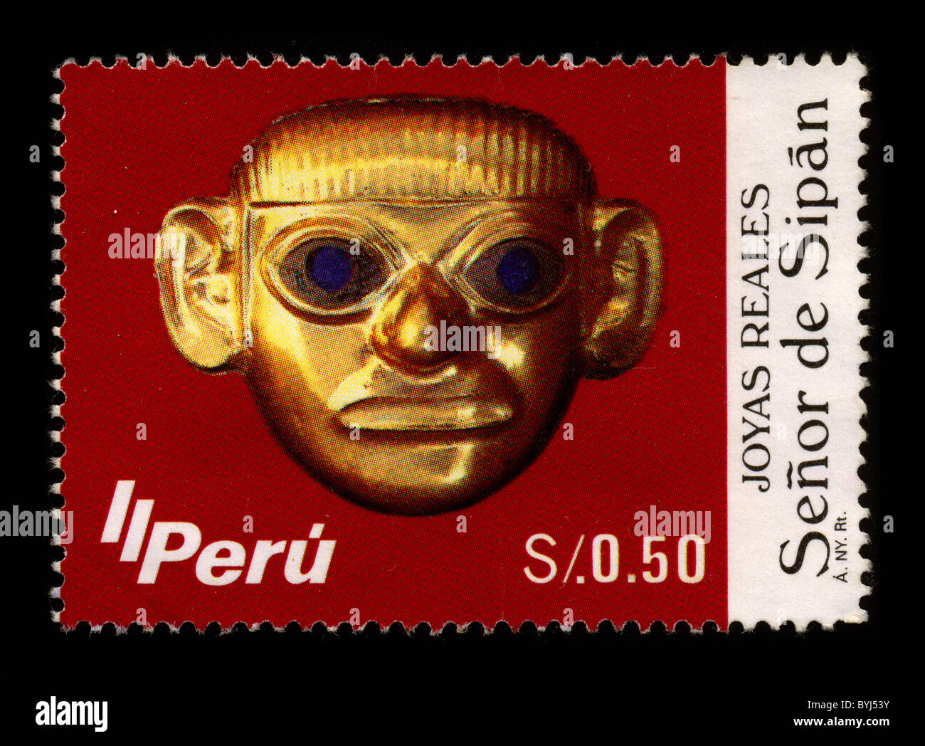 PERU-CIRCA 1987:A stamp printed in PERU shows image of The Lord of Sipán (El Señor de Sipán) is the name of a mummy of an elite man found in Sipán by Peruvian archaeologist Walter Alva in 1987, circa 1987. Stock Photo