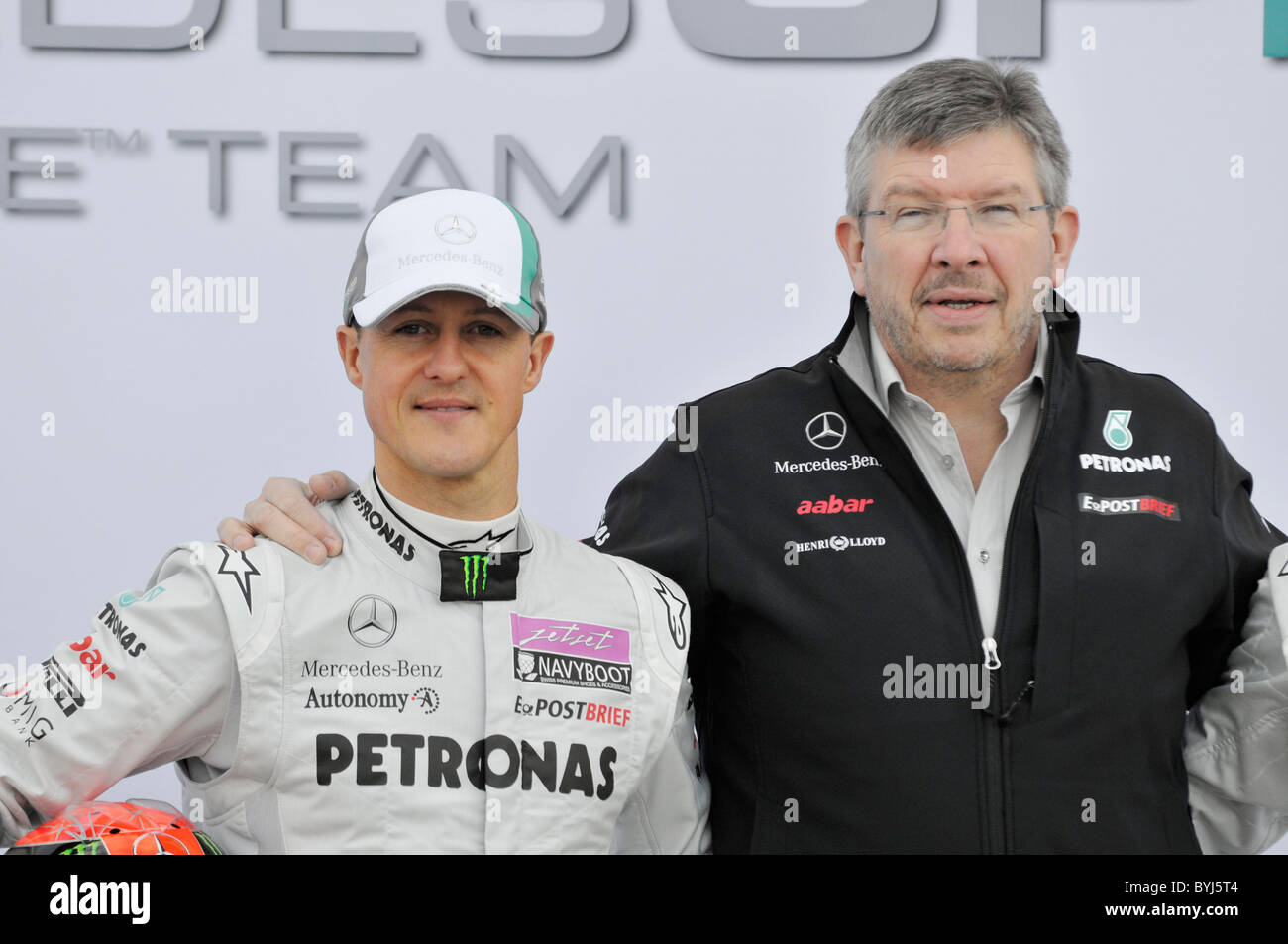 driver Michael Schumacher (GER,left) and Ross Brawn (GBR), team principal and co-owner, both Mercedes GP Formula One team Stock Photo