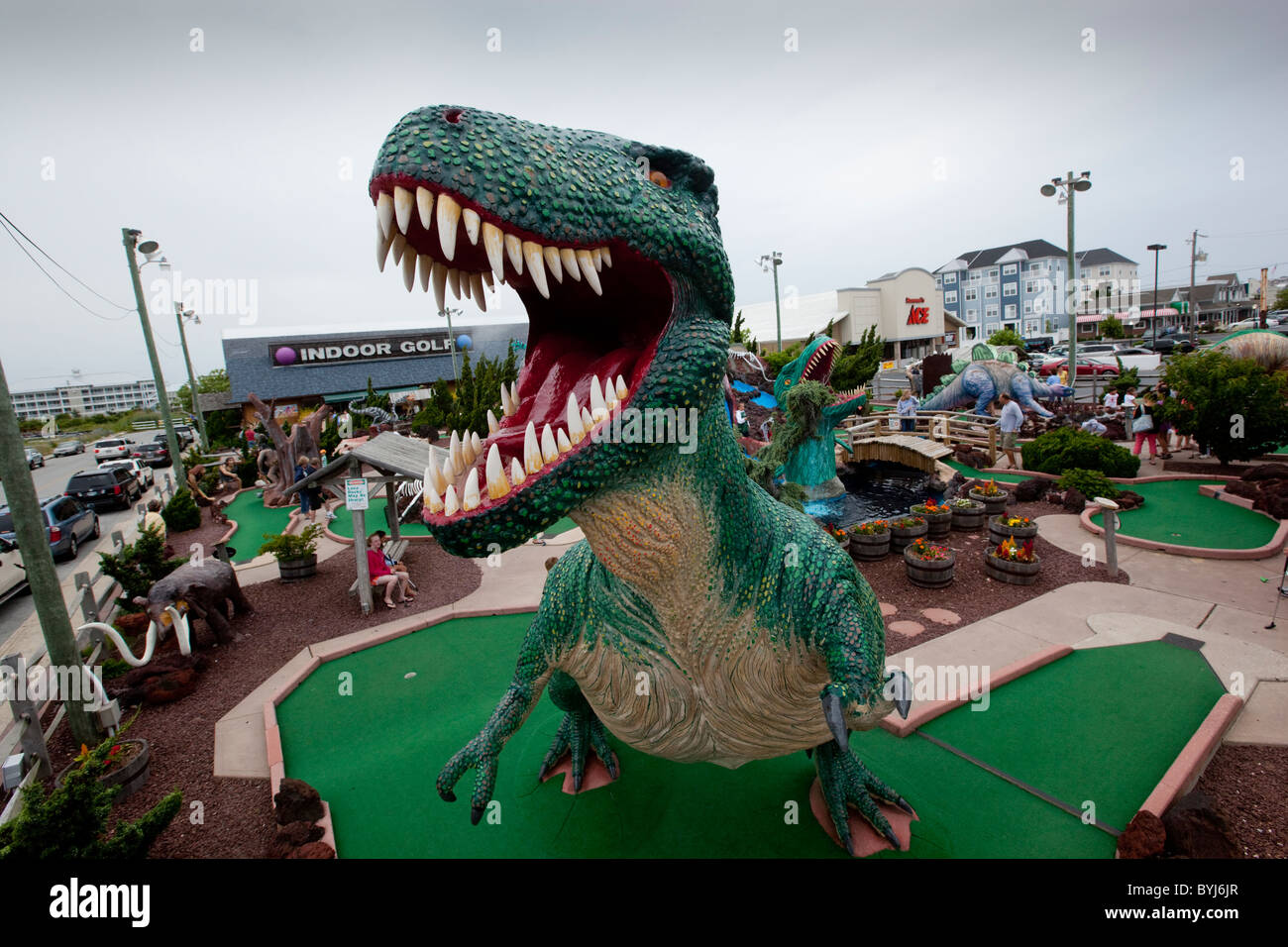 USA, Maryland, Ocean Beach, Giant dinosaur sculpture at miniature golf