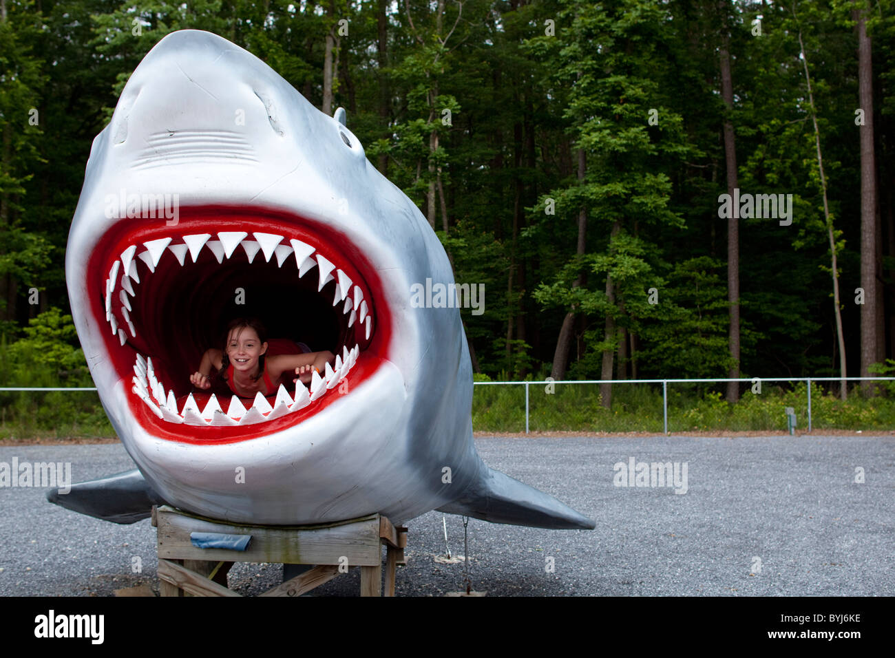 USA, Maryland, Ocean City, Young girl poses for snapshots inside jaws