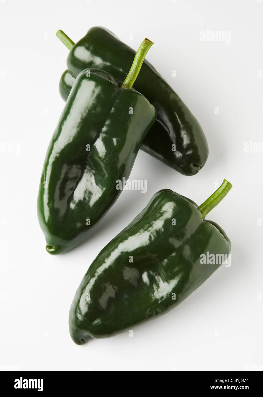 Agriculture - Poblano peppers on a white surface. Stock Photo