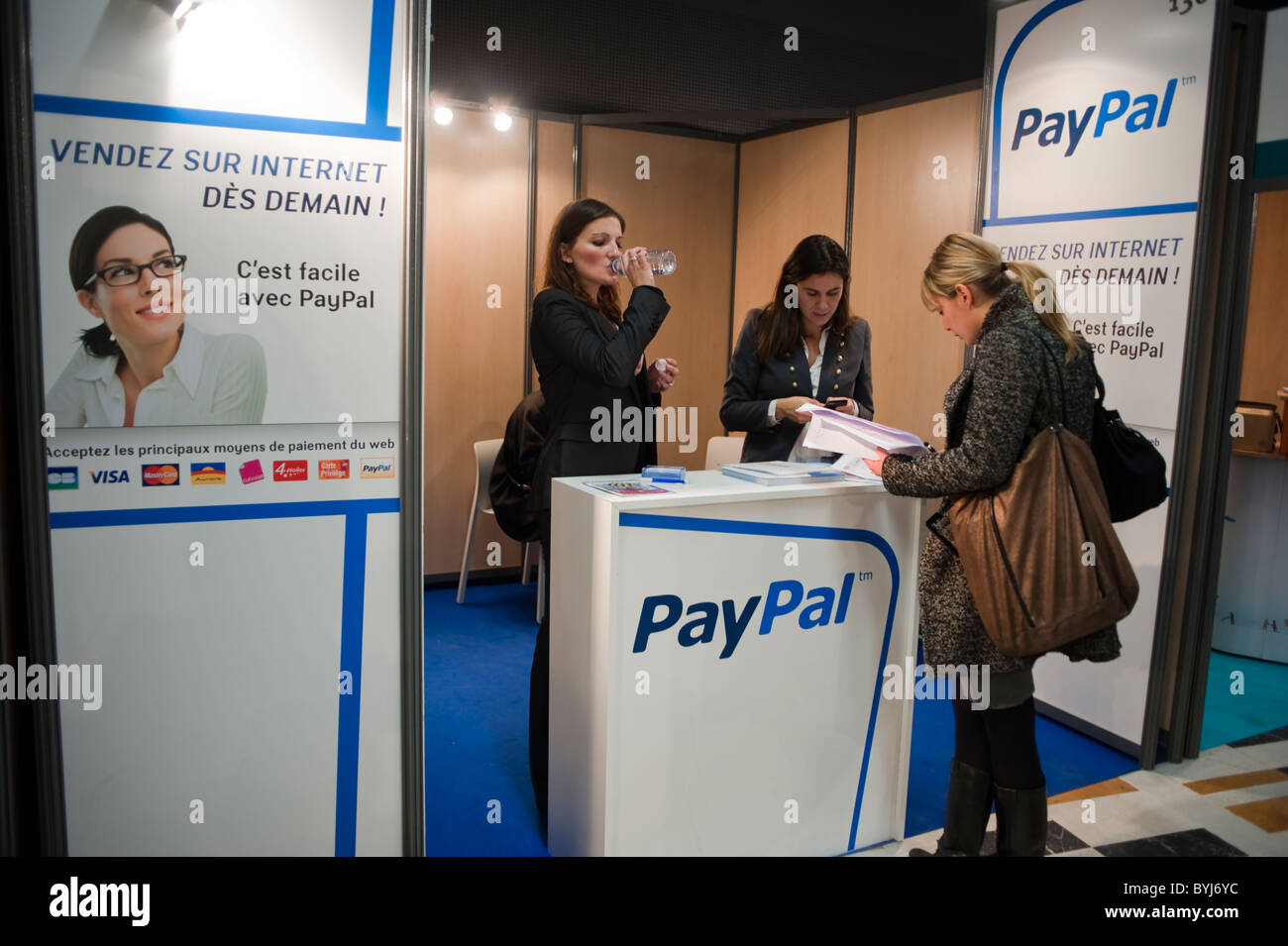 Paris, France, Small Group People, Women, Talking, Business Trade Show, People Meeting, Entrepreneurs Business Start ups,  PayPal Company Display Information Stock Photo